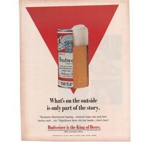 Budweiser Beer Advertisement Vintage 1969 Breweriana King of Beers Tab Top Color
